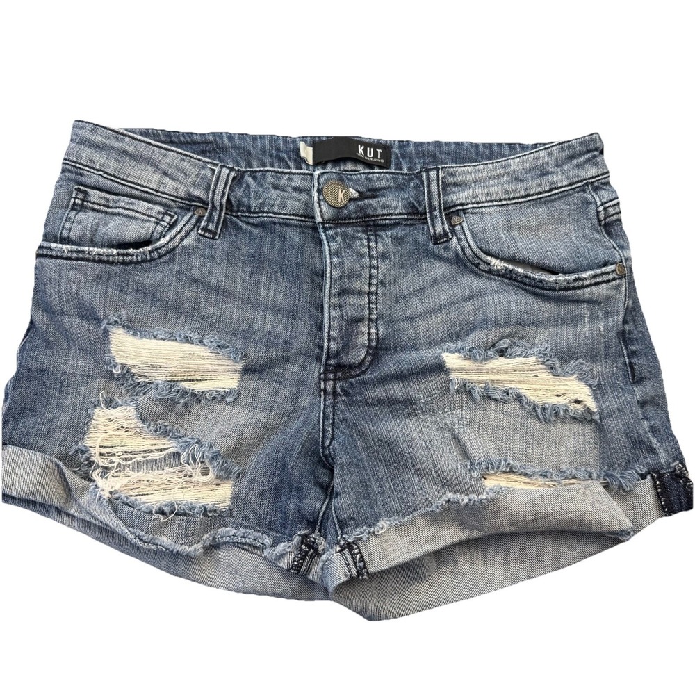 KUT from the Kloth Madeline Boyfriend Shorts Blue Denim Distressed Size 6‎